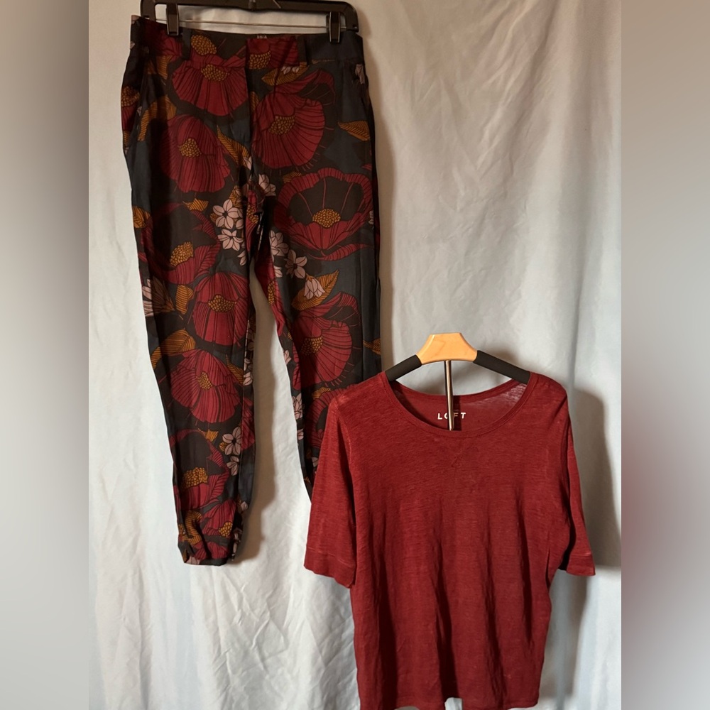 LOFT Burgundy Top and Floral Patterned Pants